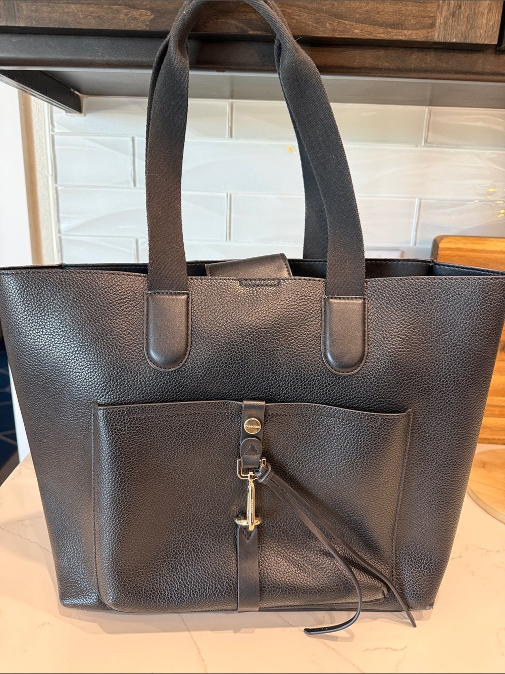 Calvin Klein Black Leather Tote with Gold Hardware Accents